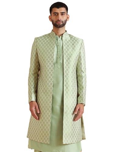 kisah men's indo-western sherwani, green jacquard, woven design regular fit mandarin collar long sleeves (38)