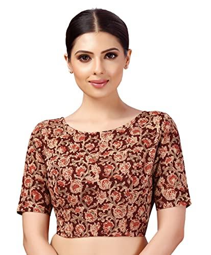 studio shringaar women's readymade kalamkari printed cotton boat neck saree blouse (maroon, 42, elbow length sleeves)