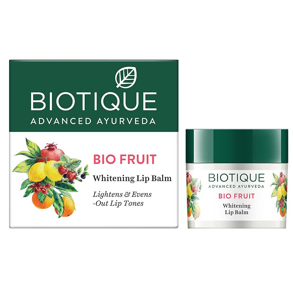 biotique fruit whitening/brightening lip balm | hydrated and nourishing lips| visibly lighter lips | evens out lip tone | de-pigmentation balm |100% botanical extracts| all skin types | 12g