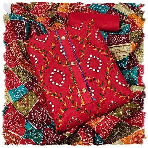 sidhidata women's heavy cotton embroidery work unstitched salwar suit dress material with chinon bandhani printed dupatta (dm mirror red_red_free size)