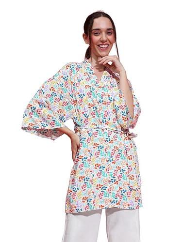 women white color floral print long sleeve with tie-knot waist belt nightwear open collar shrug