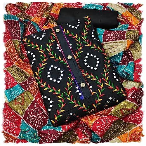 sidhidata women's heavy cotton embroidery work unstitched salwar suit dress material with chinon bandhani printed dupatta (dm mirror black_black_free size)