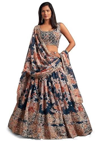 trendmalls women's blue tissue silk sequence embroidery floral print lehenga choli with dupatta for women-l153-blue (wedding-bridal-latest-lehenga-choli_free size)