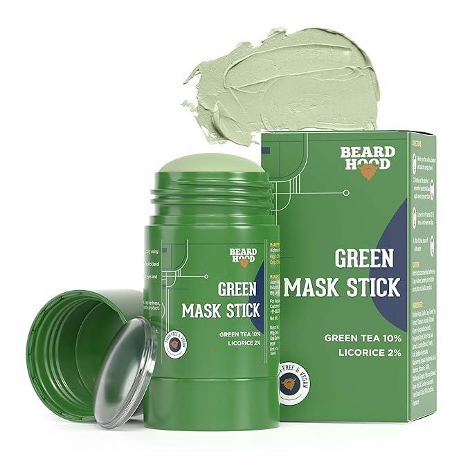 beardhood green tea cleansing mask stick for face | for blackheads, whiteheads & oil control | made in india | purifying solid clay detox mud mask | with hyaluronic acid & green tea