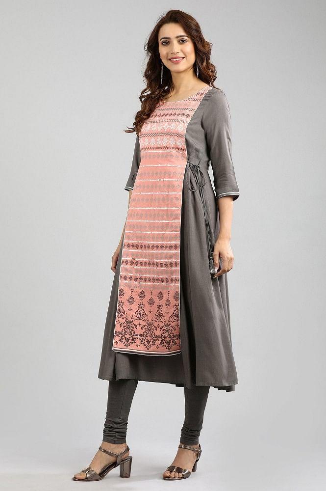 grey round neck yarn-dyed kurta