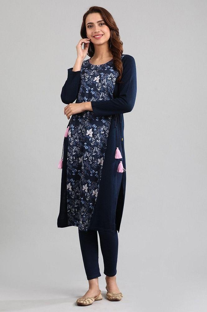 blue round neck layered winter kurta