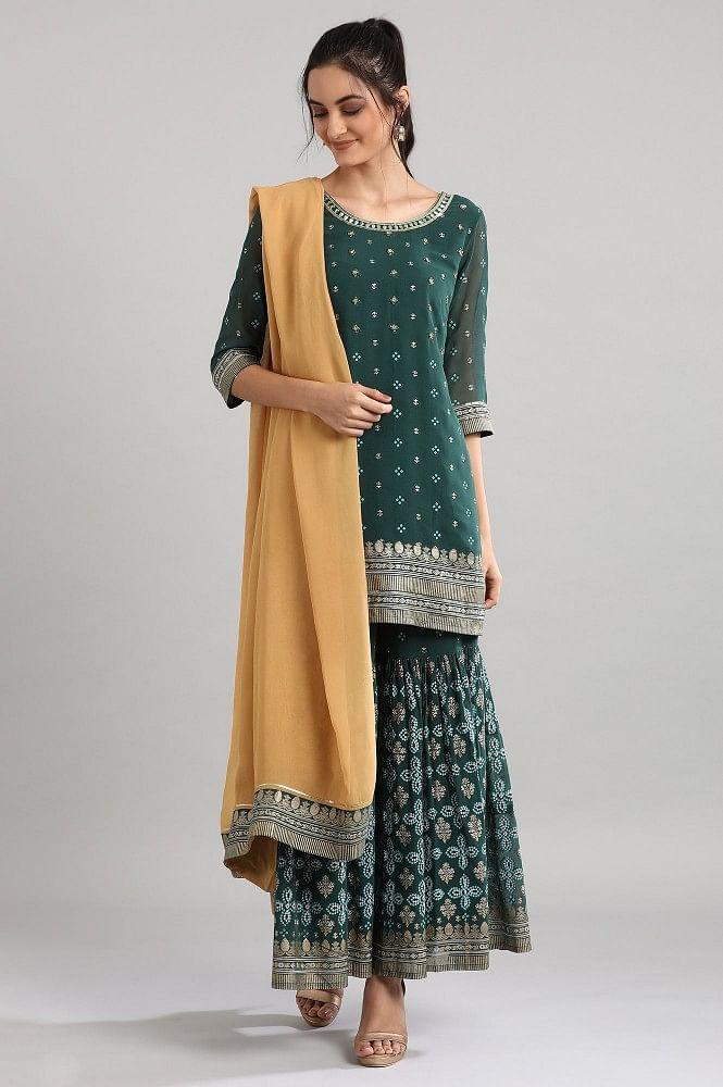 green round neck embroidery kurta set