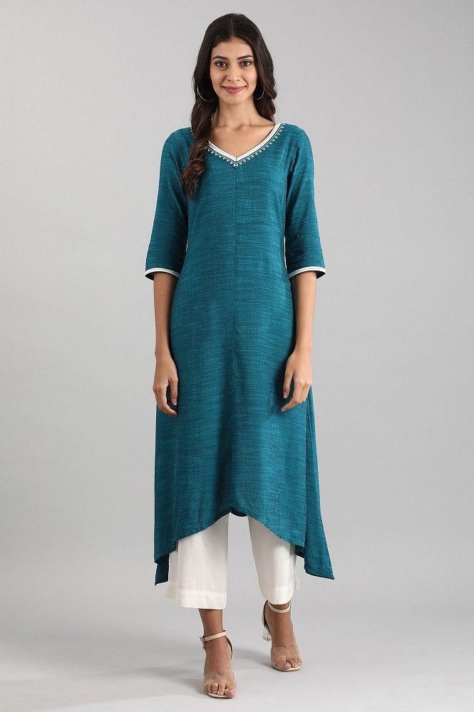 blue v-neck yarn-dyed liva kurta