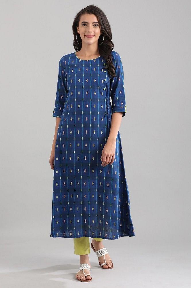 blue round neck yarn-dyed dress