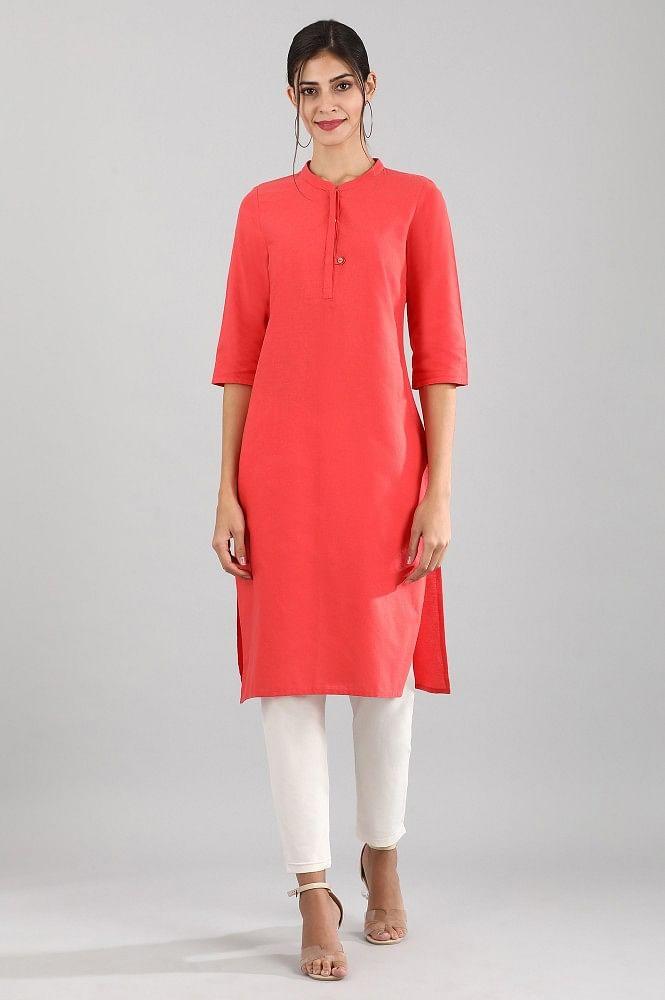 coral round neck solid kurta