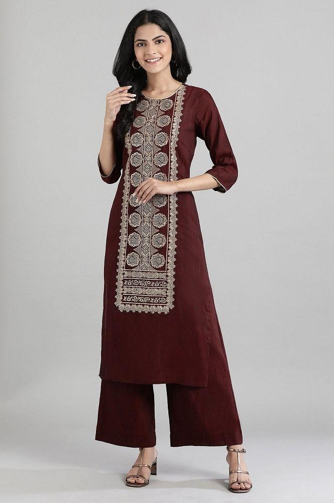 maroon dobby kurta- palazzo pants set