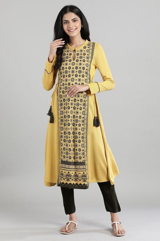 yellow mandarin neck winter kurta