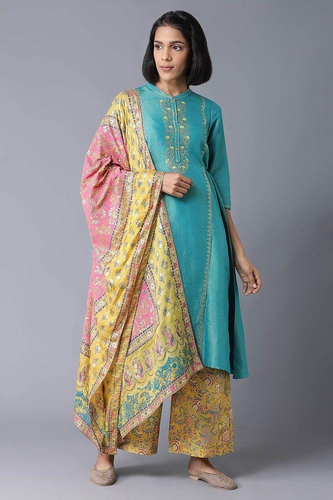 teal yarn-dyed flared kurta-straight pants-dupatta set