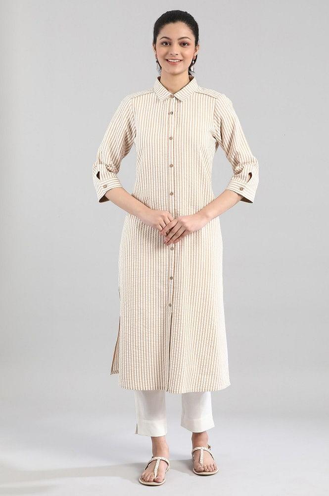 white and beige stripe print kurta