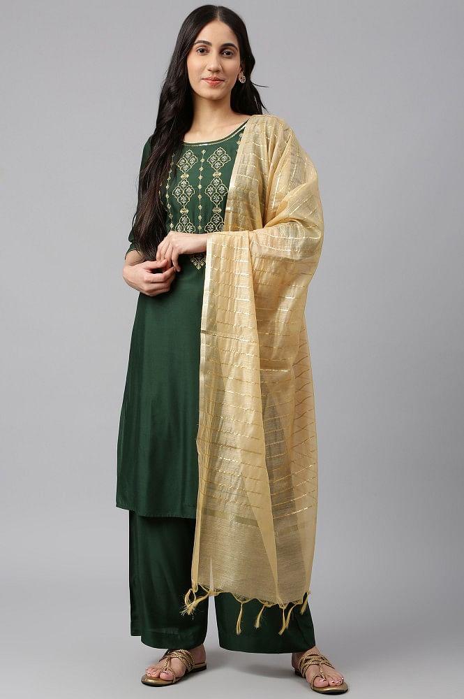 green embroidered kurta-palazzo-gold dupatta set