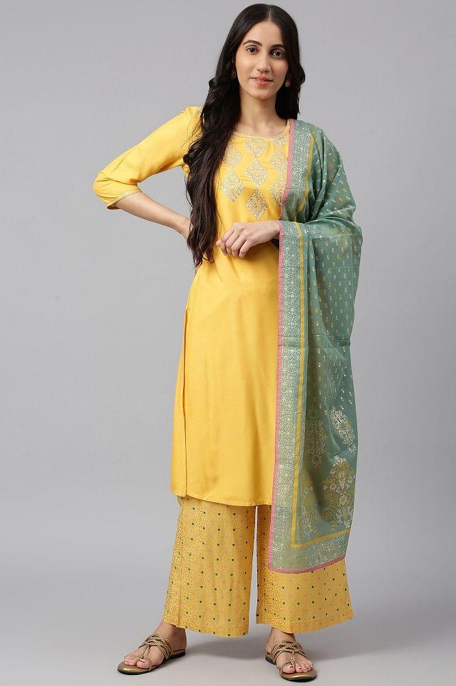 yellow embroidered kurta- palazzo- green dupatta set