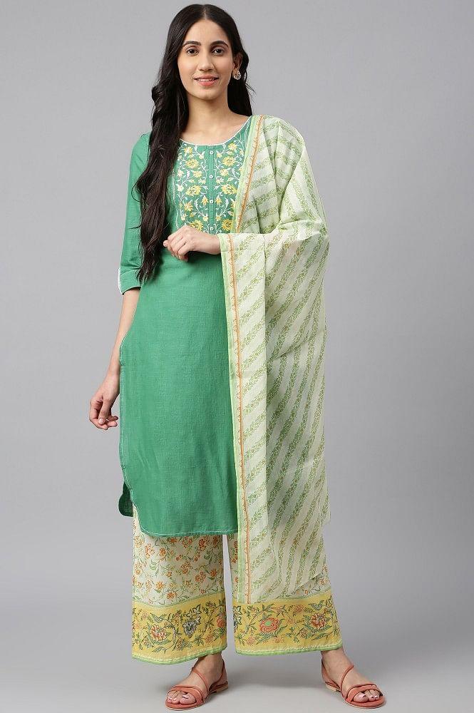 green embroidered kurta-yellow printed palazzo-dupatta set