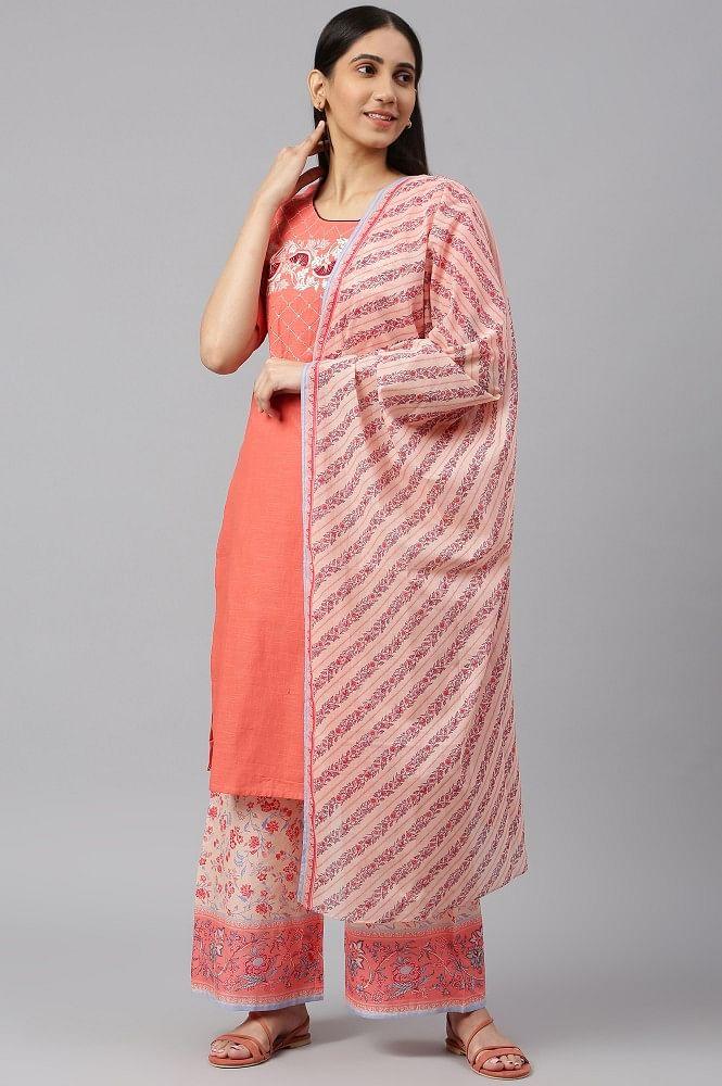 coral embroidered kurta-printed palazzo-dupatta set