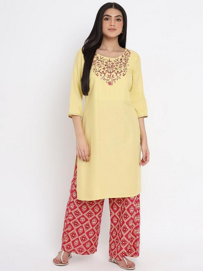 yellow embroidered solid straight kurta palazzos set