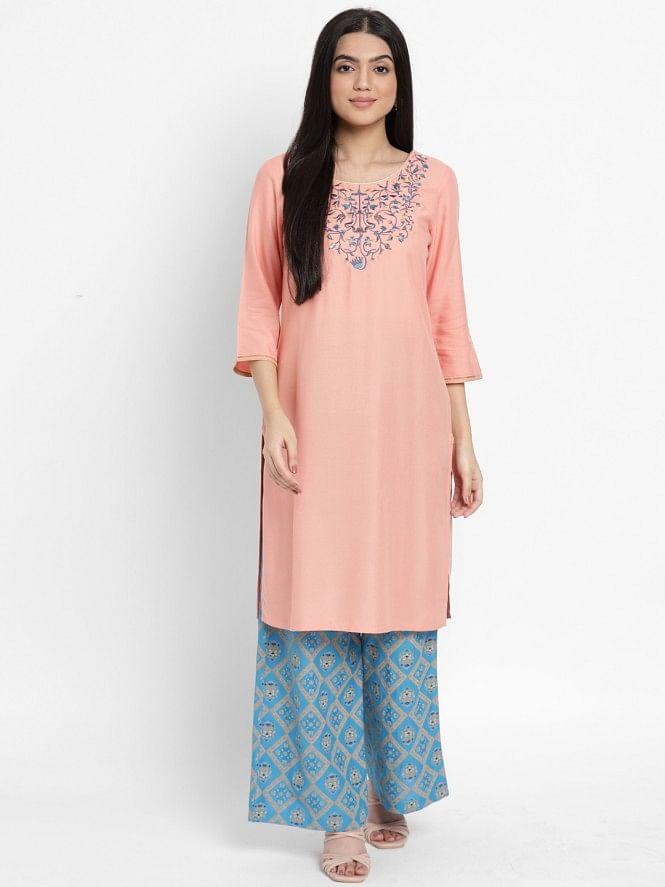 pink embroidered solid kurta palazzos set