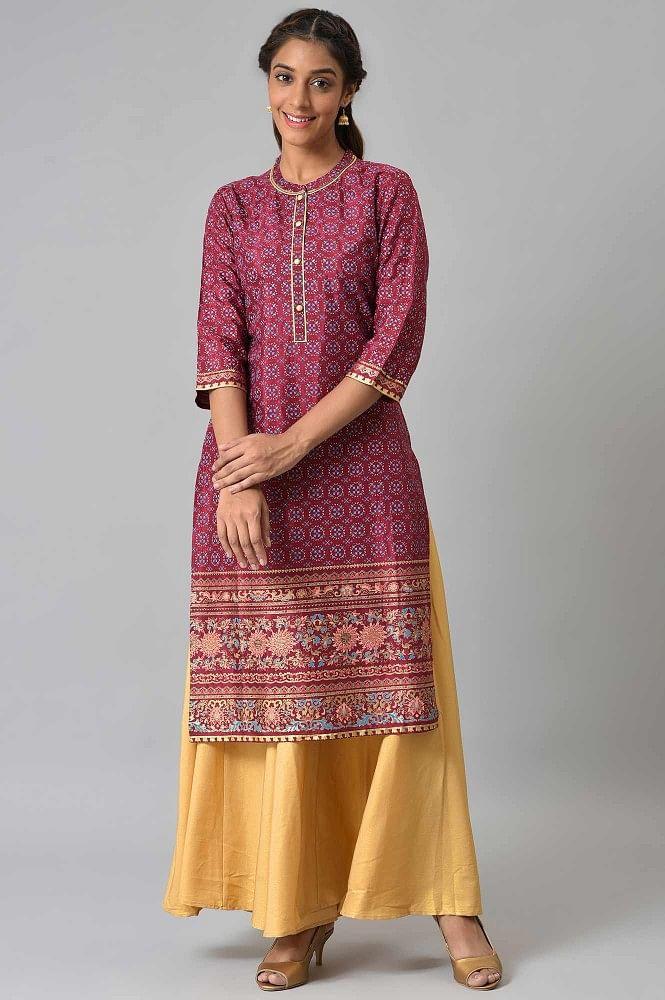 maroon foil printed shantung liva kurta