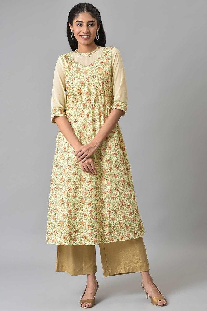 biege a-line floral printed kurta