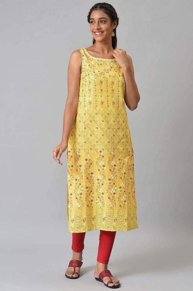 yellow cotton sleeveless printed kurta