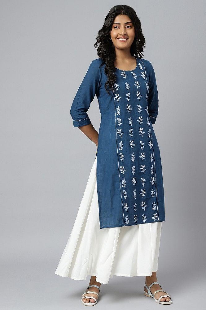 navy blue embroidered ethnic kurta