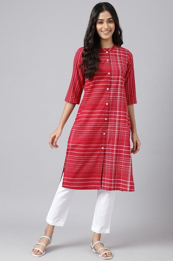 red asymmetric placement kurta