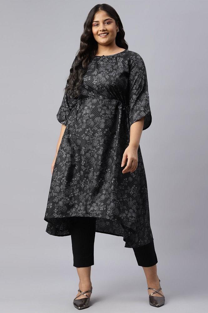 black floral printed kuchai silk plus size kurta