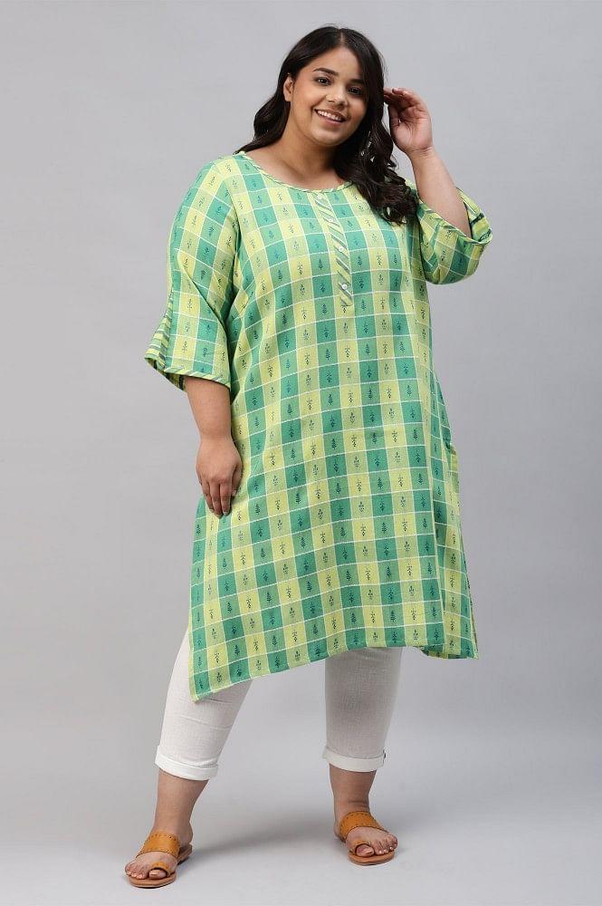 green dobby printed plus size kurta