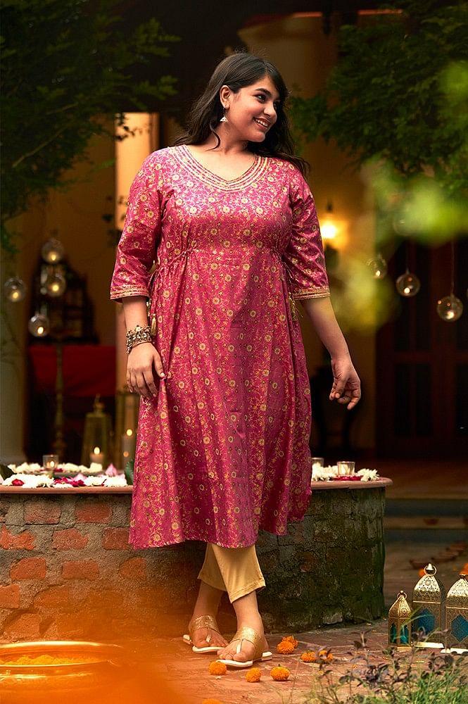 pink floral printed sequined ethnic kurta