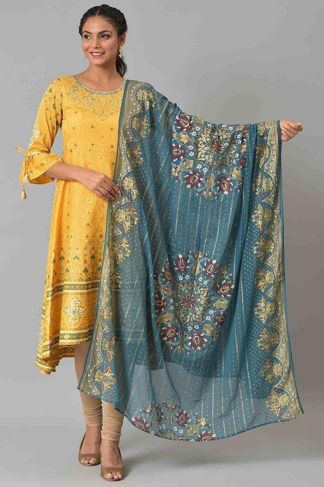 blue placement print silver chiffon dupatta