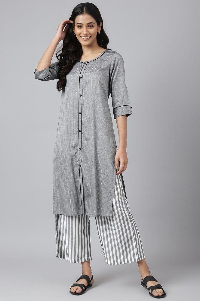 grey solid kurta and straight culottes aurelia set