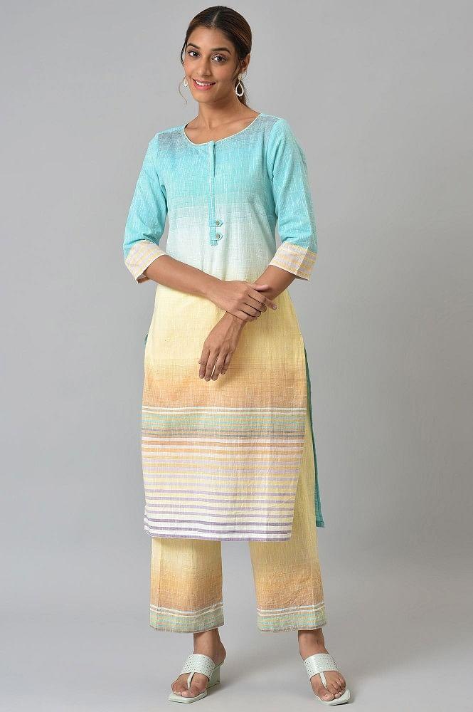 blue yarn-dyed roud neck kurta with yellow pants