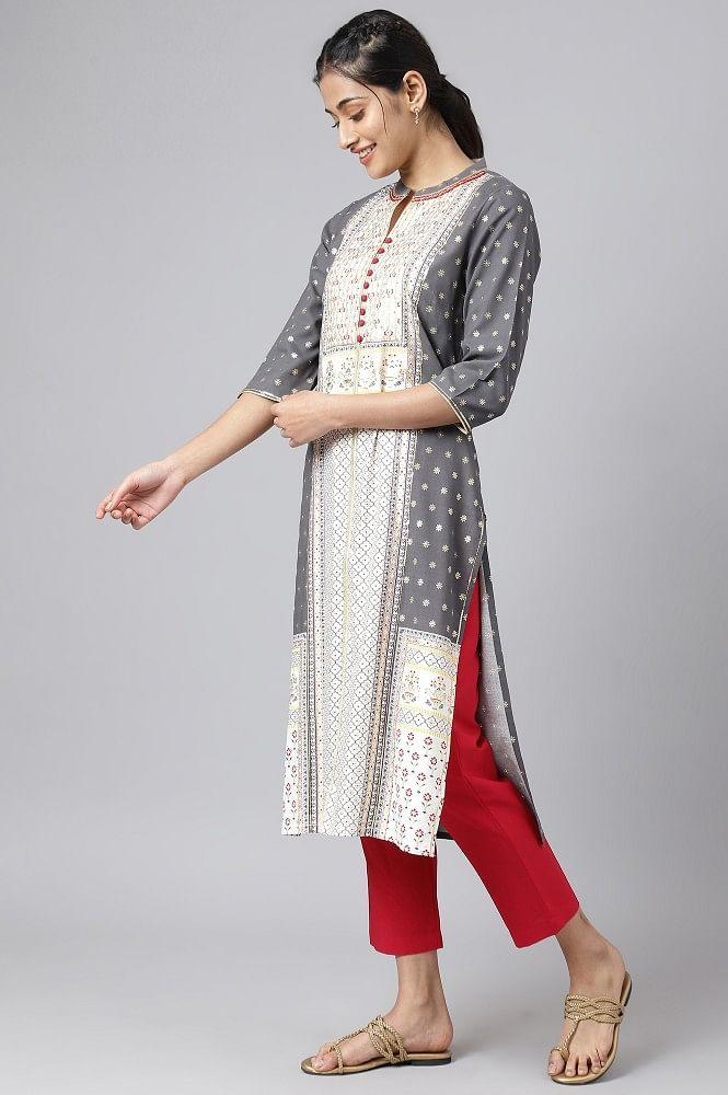 liva steel grey printed kurta with trousers and dupatta