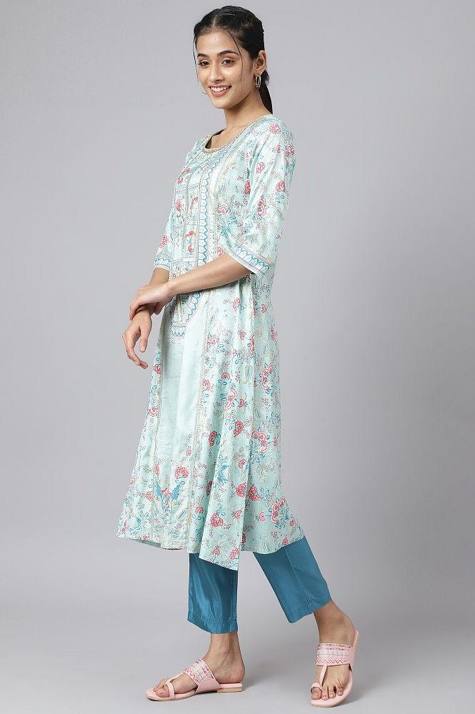 liva blue glitter printed kurta with blue trousers and dupatta