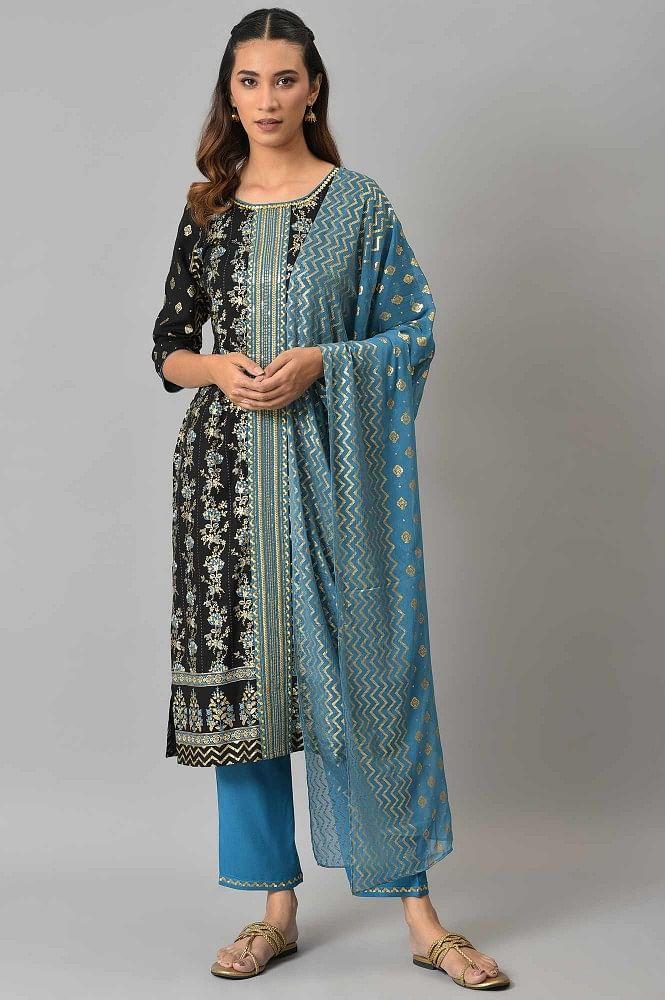 liva black zari embroidered kurta with blue straight palazzo and dupatta set