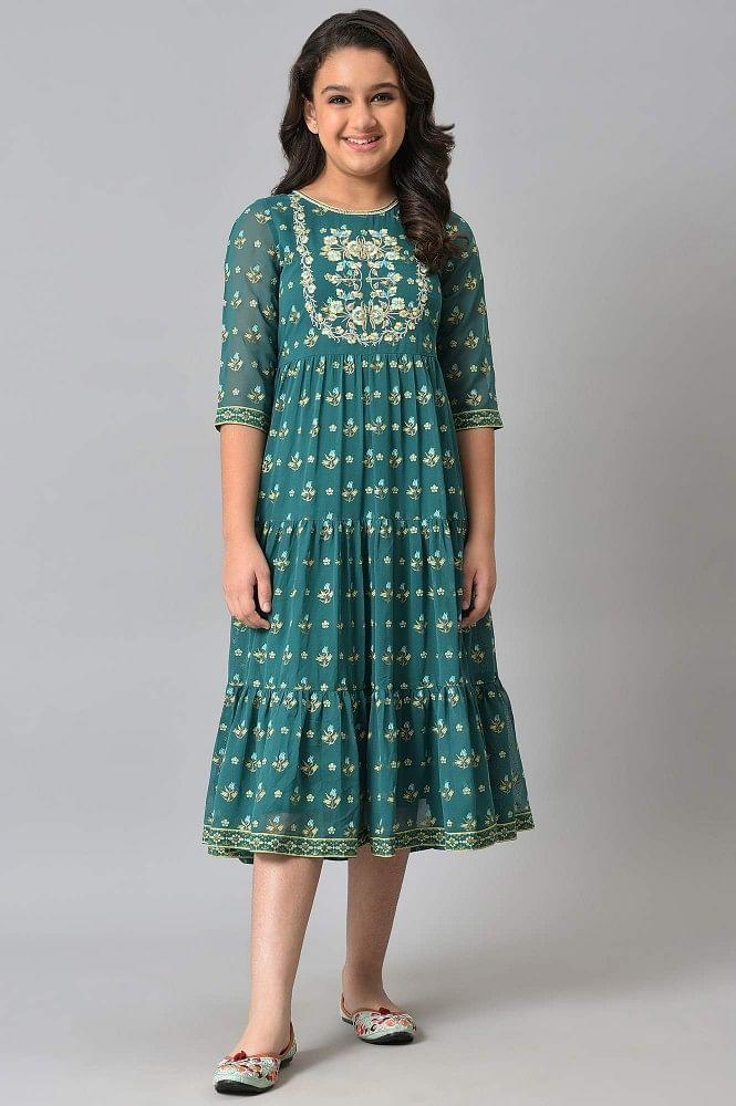 girls green zari embroidered festive dress