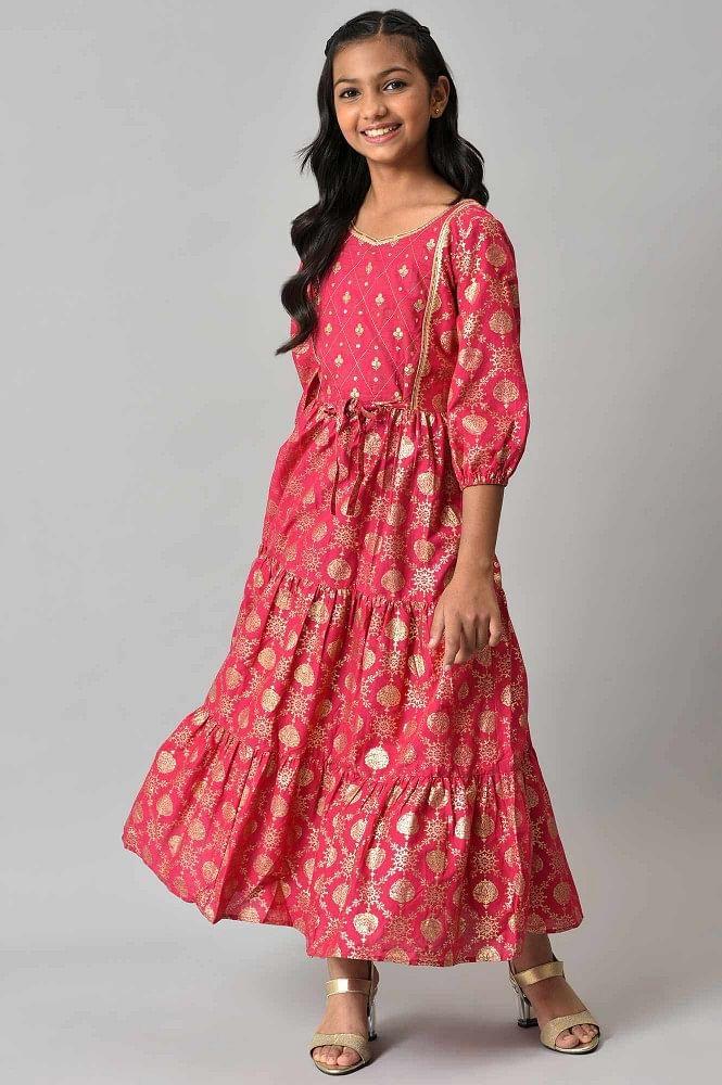 girls pink embroidered tiered dress