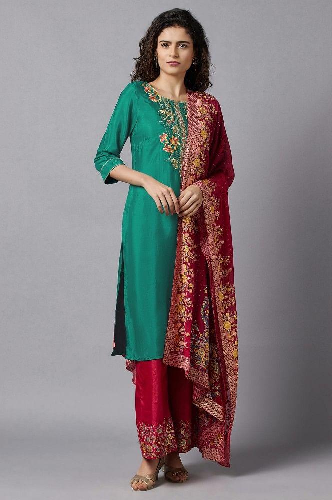 green embroidered kurta, red palazzo and dupatta set