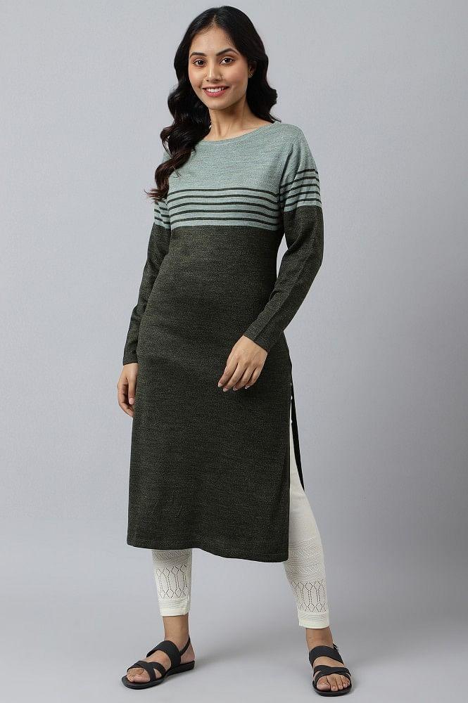 green colour blocked winter kurta