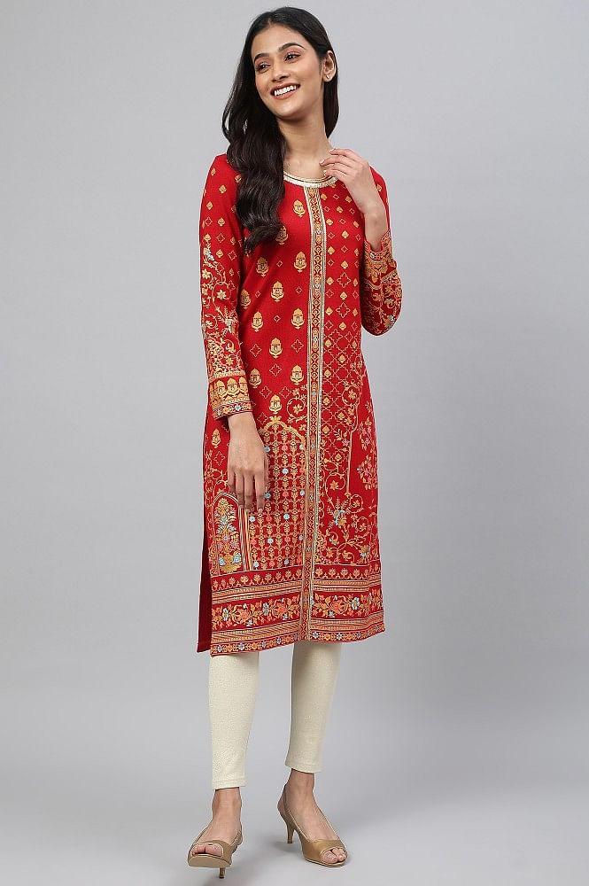 red statement printed winter kurta