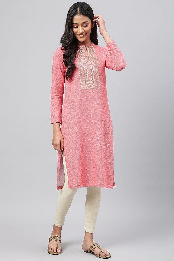 pink zari embroidered winter kurta