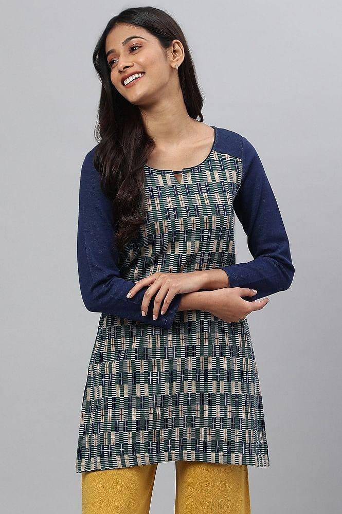 blue geometric designed winter short kurta