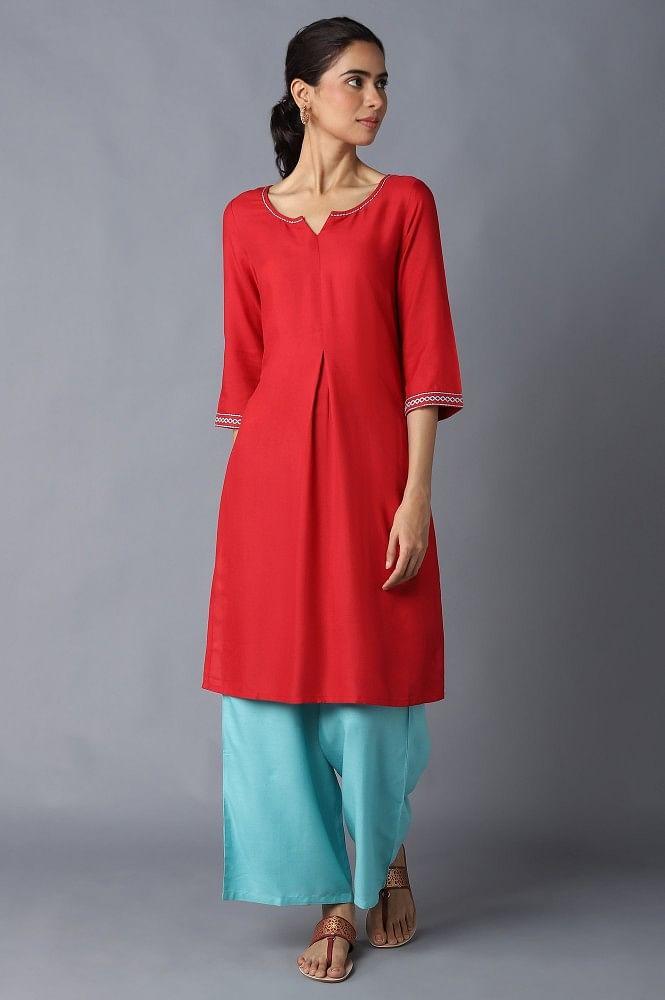 aure collection by aurelia red solid ethnic kurta with light teal straight palazzo