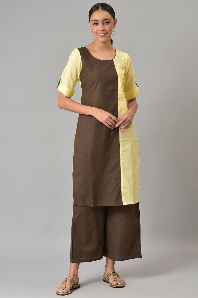 yellow and brown colour block kurta with straight palazzo