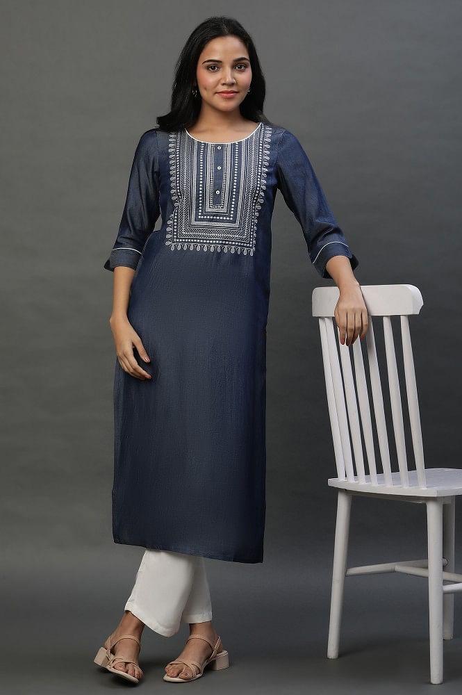 blue denim embroidered yoke kurta