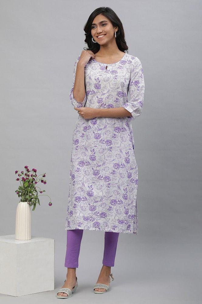 white & purple floral printed kurta