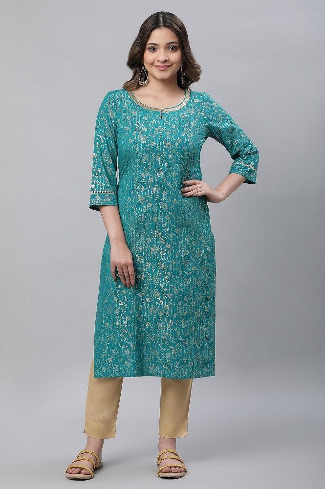 green foil printed festive kurta with sequin lace